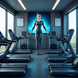 AI fitness coach interface analyzing 3D motion and heart-rate metrics