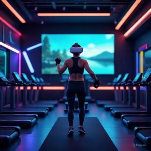 Person training in a VR headset with haptic feedback in a studio