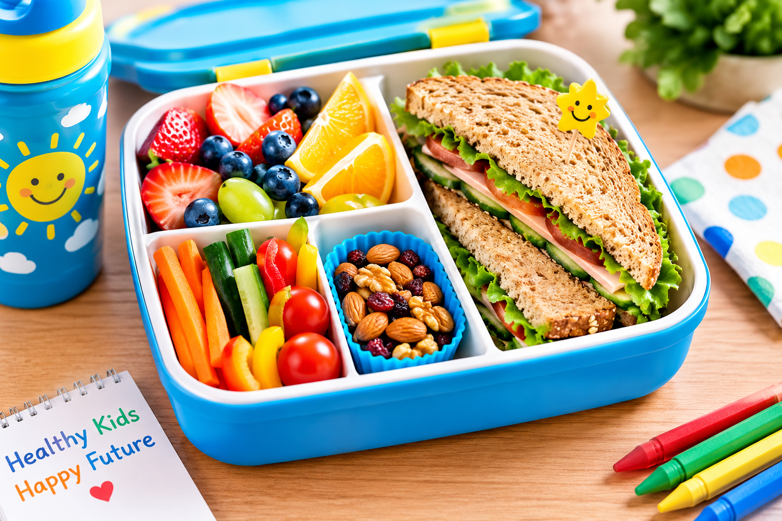 healthy colourful lunchbox for kids with fruit, vegetables and sandwich