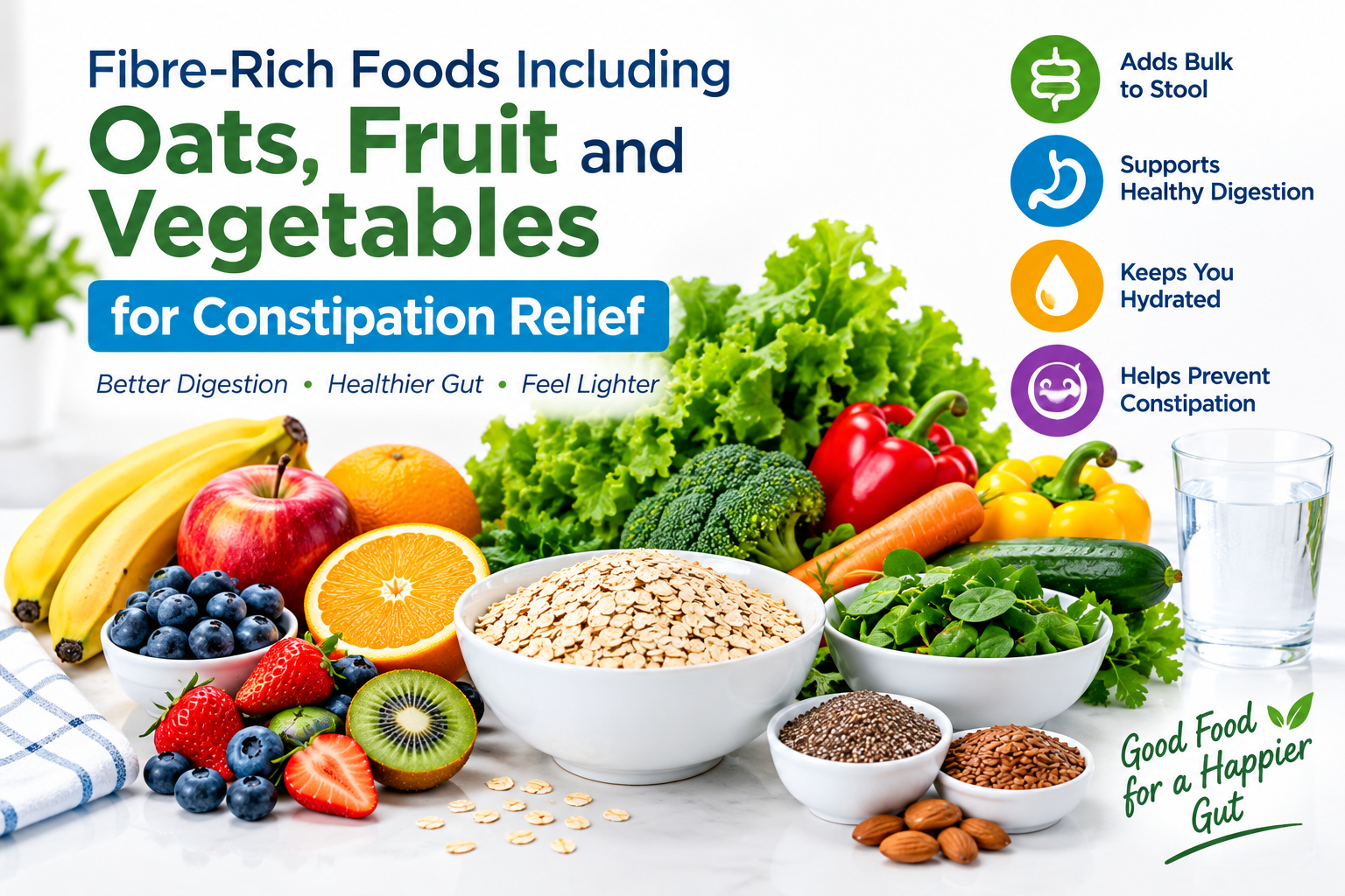 fibre-rich foods including oats, fruit and vegetables for constipation relief