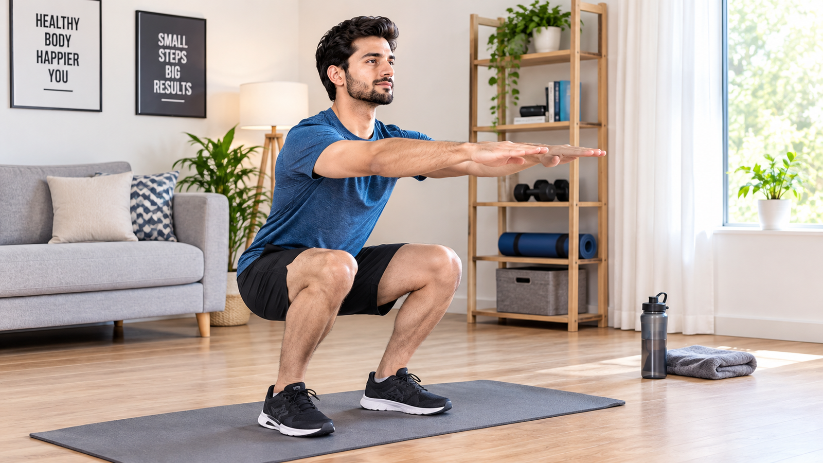 person doing a bodyweight squat at home on an exercise mat