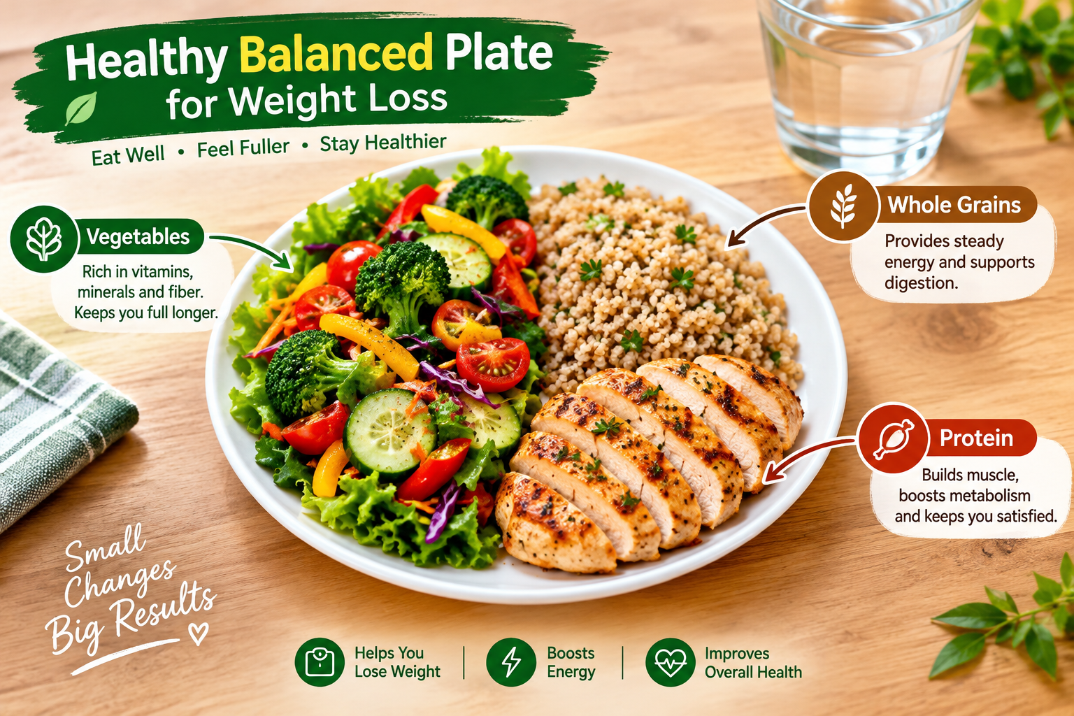 healthy balanced plate with vegetables, protein and whole grains for weight loss