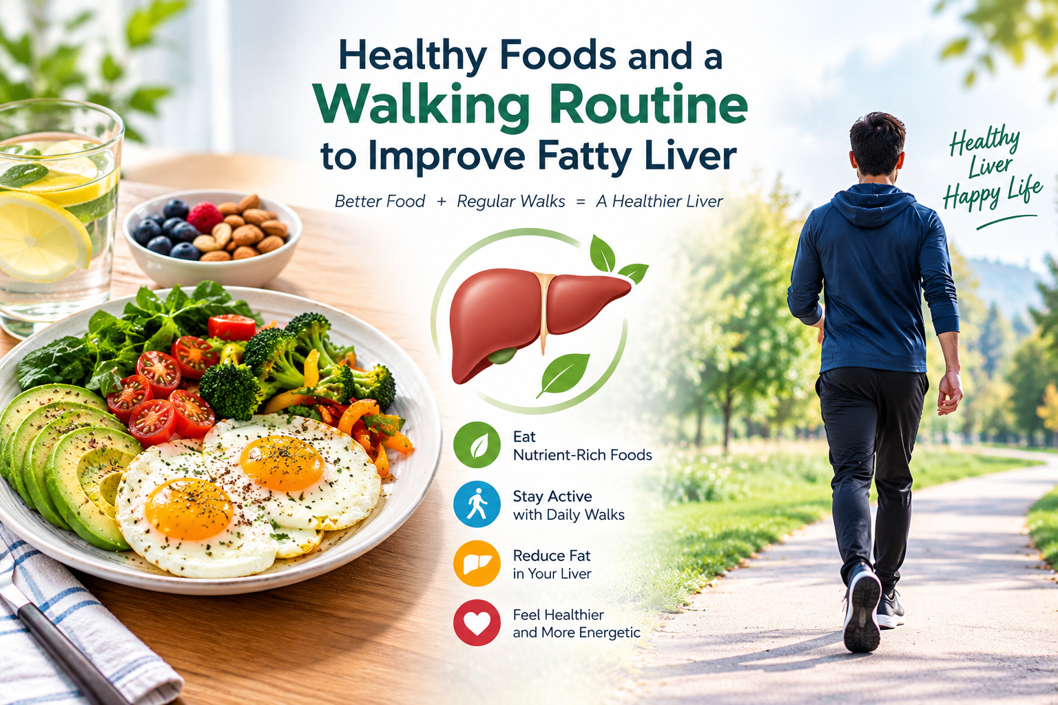 healthy foods and a walking routine to improve fatty liver