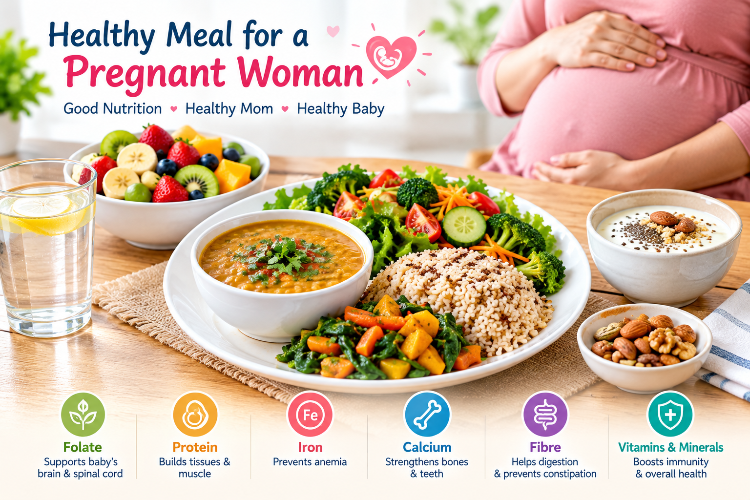 healthy meal with vegetables, daal and fruit for a pregnant woman