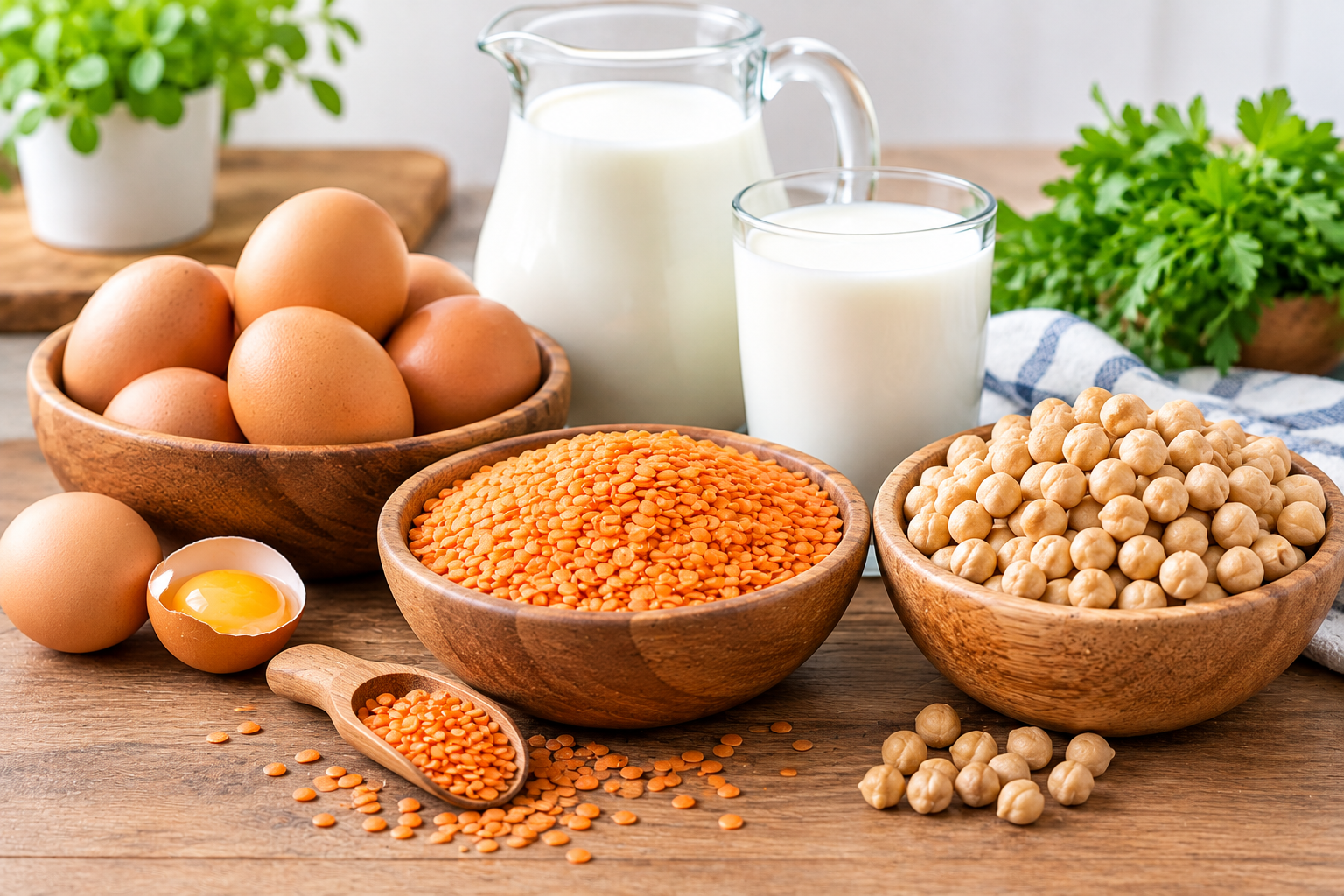 affordable high-protein foods including eggs, lentils, chickpeas and milk