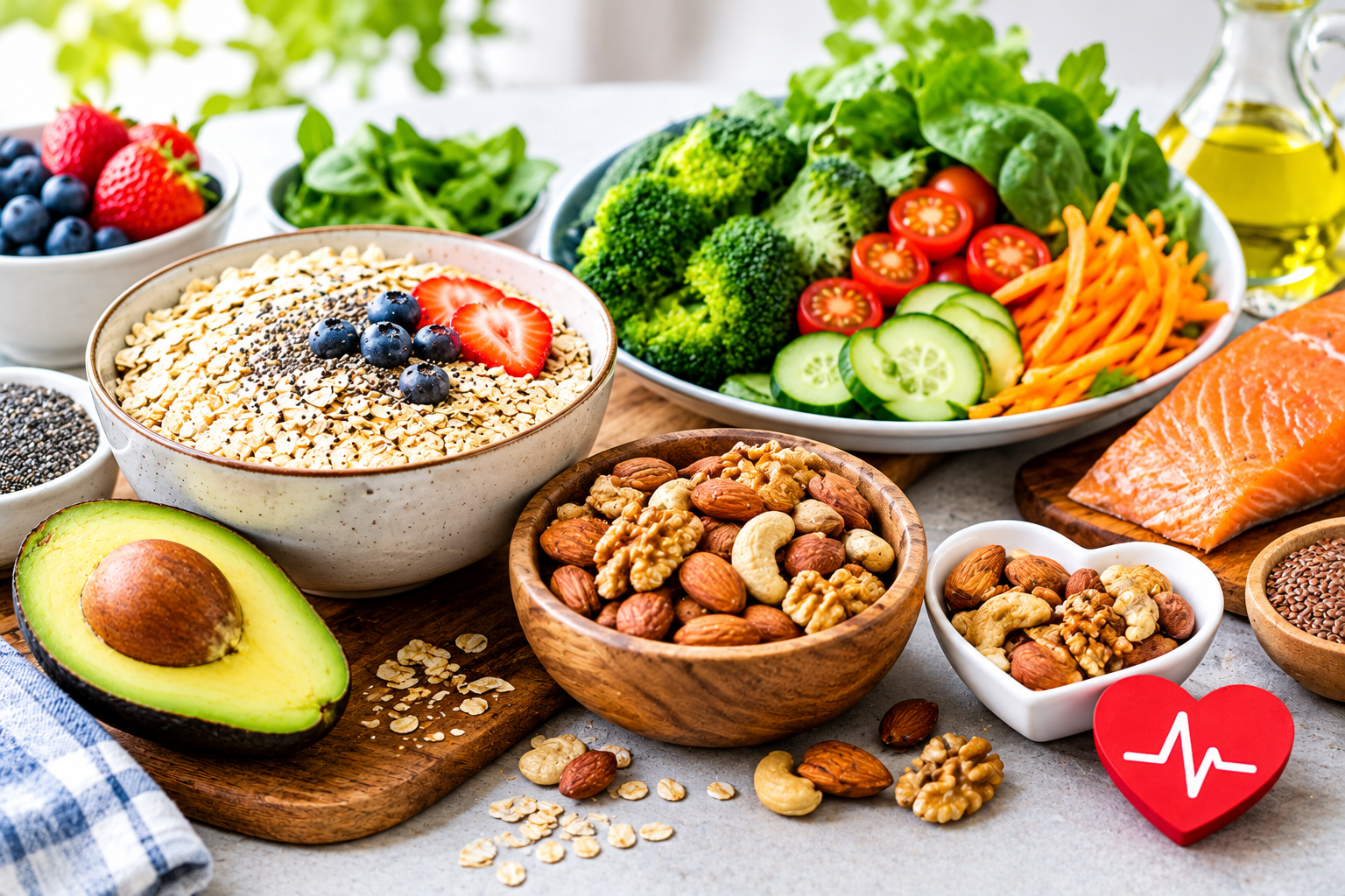 healthy foods for lowering cholesterol including oats, nuts and vegetables