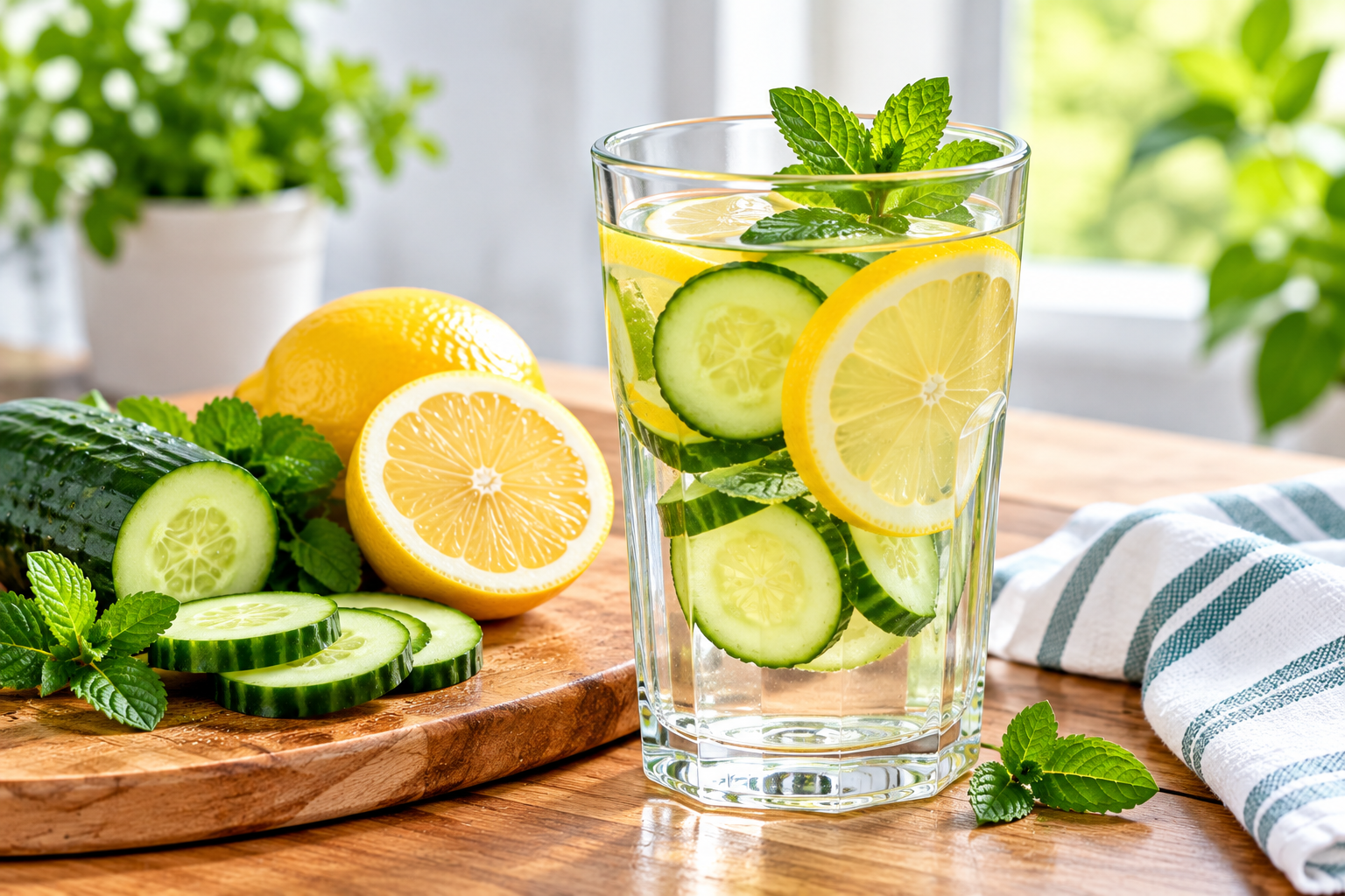 glass of water with lemon and cucumber on a table