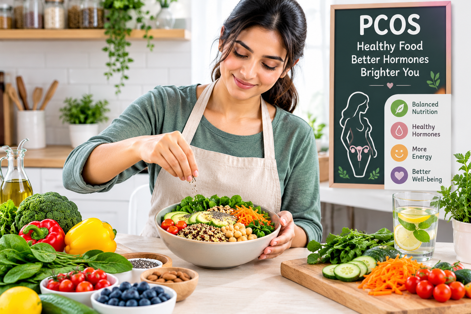 woman preparing a healthy meal to manage PCOS