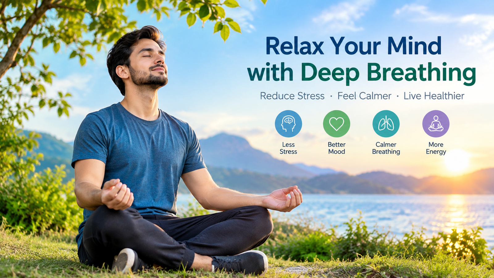person relaxing outdoors with calm breathing to reduce stress